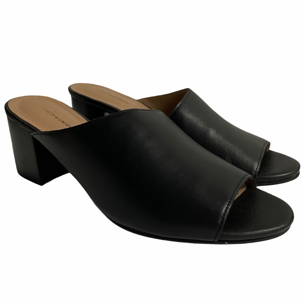 14TH & UNION 7.5M Faux Leather Black Sandals Slides Women's Shoes Heels